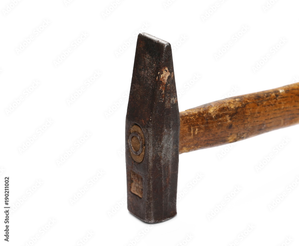 Old rusty metal hammer with wooden handle, isolated on white Old rusty metal hammer with wooden handle, isolated on white