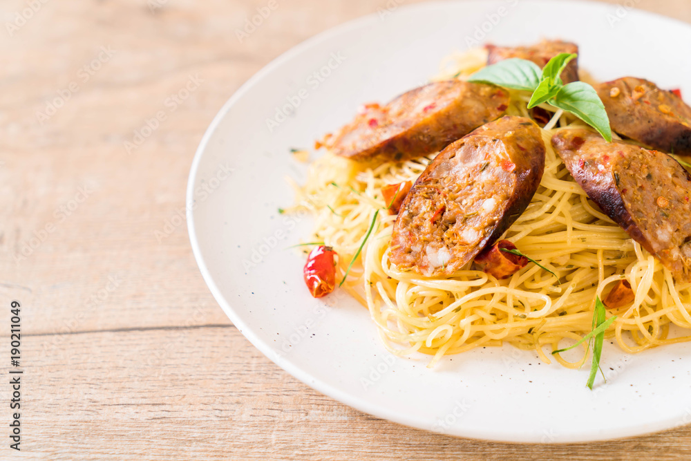 Stir-Fried Spaghetti with Sai Aua (Notrhern Thai Spicy Sausage) Stir-Fried Spaghetti with Sai Aua (Notrhern Thai Spicy Sausage)