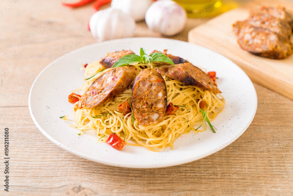 Stir-Fried Spaghetti with Sai Aua (Notrhern Thai Spicy Sausage)