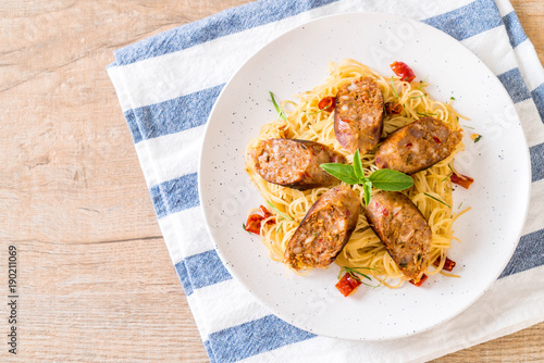 Stir-Fried Spaghetti with Sai Aua (Notrhern Thai Spicy Sausage)