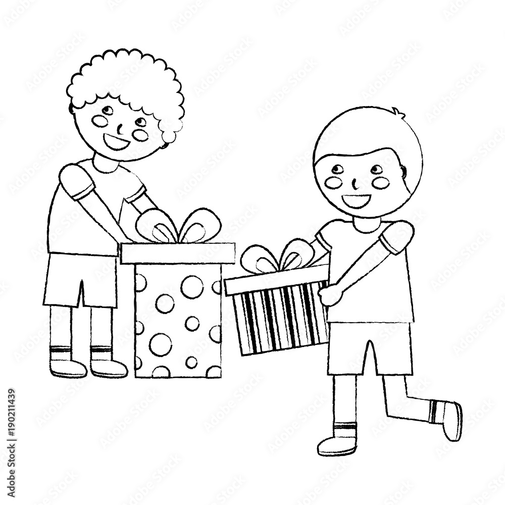 happy little boys with differents gift boxes celebration vector illustration sketch design happy little boys with differents gift boxes celebration vector illustration sketch design