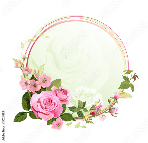Vintage round frame with pink roses, spring blossom, branches with mauve, pink apple tree flowers, buds, green leaves on white background. Digital draw, illustration in watercolor style, vector