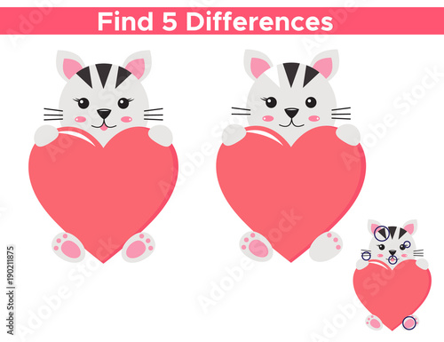 Valentines day educational game for children. Find five differences. Kawaii cat with heart. Vector illustration
