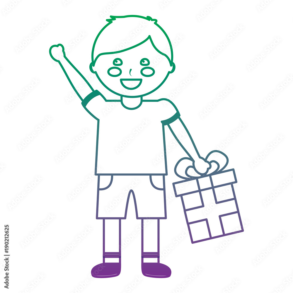 happy little boy with present box celebration vector illustration color line gradient