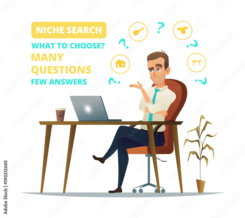 Concept of niche search. Sad Businessman sitting on his workplace. Young business man think. Thinking business man surrounded by question marks and niche icons. Concept of niche search. Sad Businessman sitting on his workplace. Young business man think. Thinking business man surrounded by question marks and niche icons.