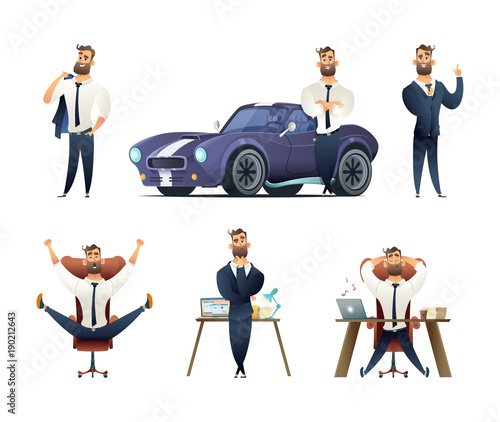Charming beard businessman collection. Sucessfull man character. Set of Business man character in different situations.