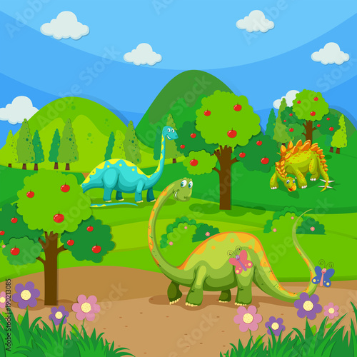 Three dinosaurs in the forest © GraphicsRF