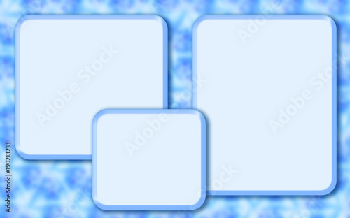 Horizontal mock up template with three rectangular text boxes. Blue border, background of blurred hexagons. Frame for scrapbooks, photo albums, greeting cards, postcards, posters, flyers, booklets