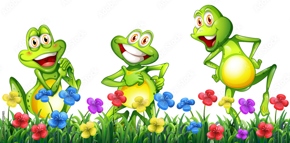Obraz premium Three happy frogs in flower garden