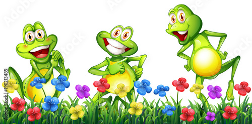 Three happy frogs in flower garden