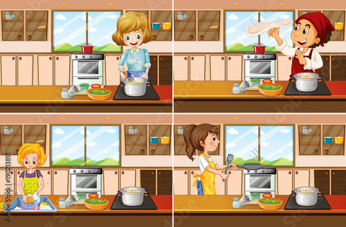 Four kitchen scenes with man and woman cooking