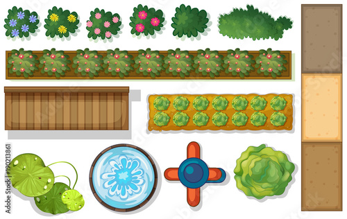 Top view of plants and pond in garden