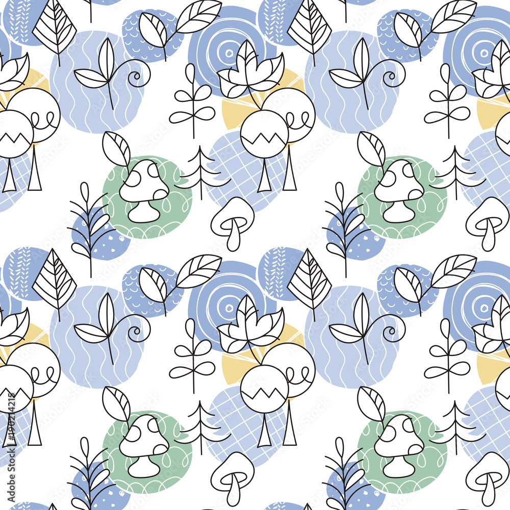 Obraz premium Seamless pattern in scandinavian style with cute tree and leaves