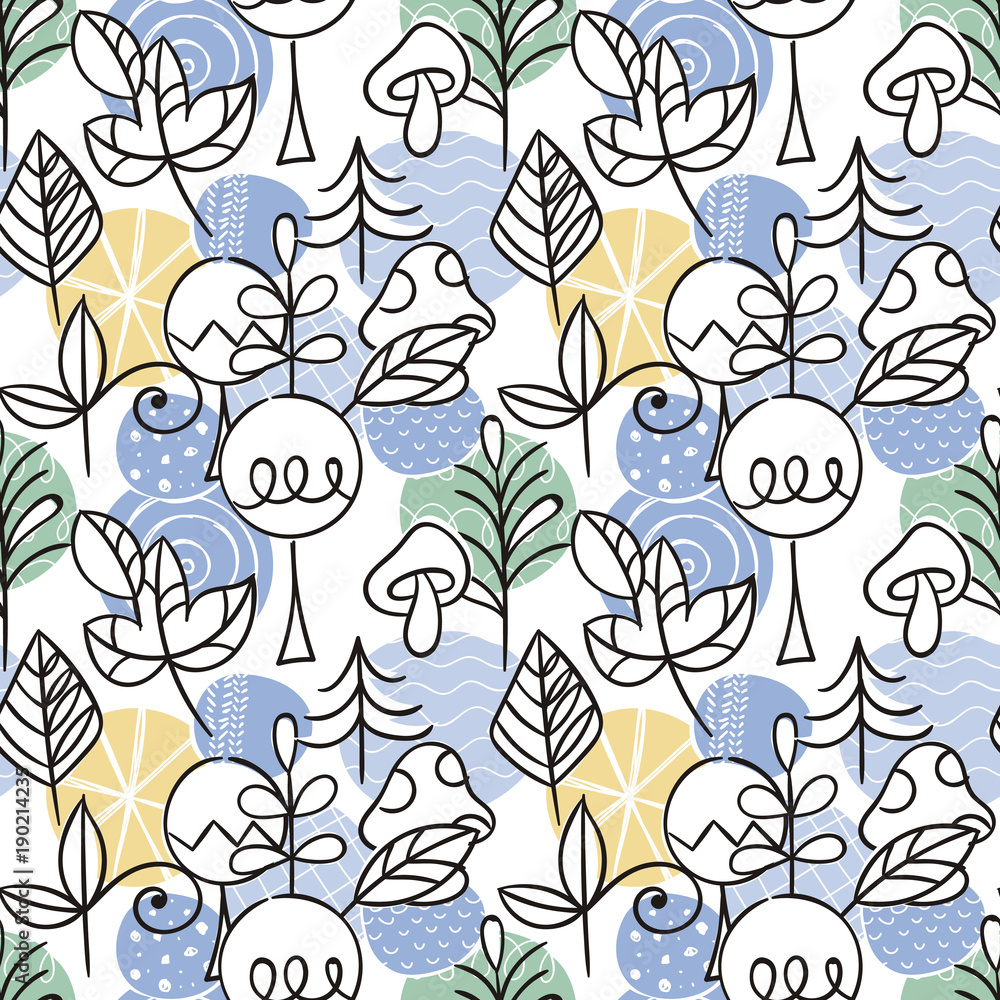 Seamless pattern in scandinavian style with cute tree and leaves