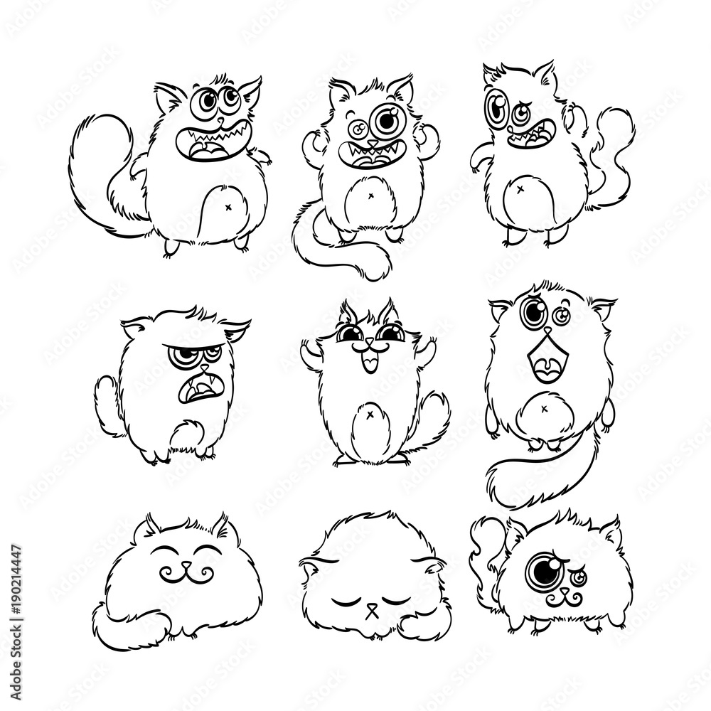 Cutest doodle monster cats. Vector elements collection