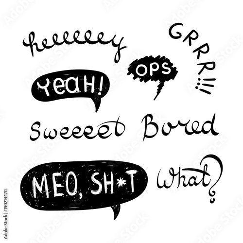 Comic speech bubbles and emotion words. Text hey, ops, grrr, yeah, sweet, bored, meo, what
