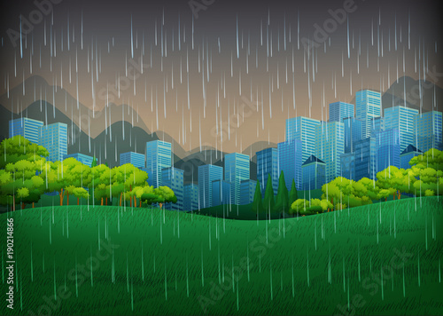 Nature scene with rainy day in city