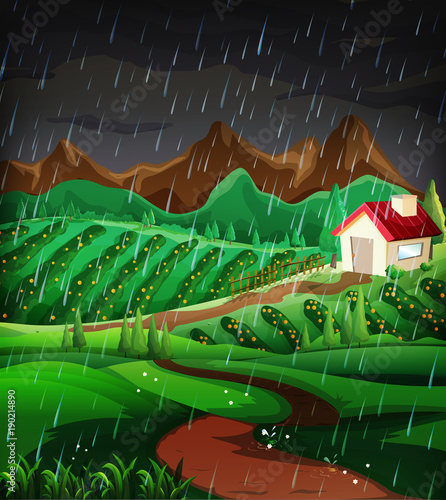 Nature scene with raining in the hillside