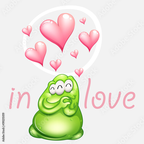 Green monster in love with pink hearts