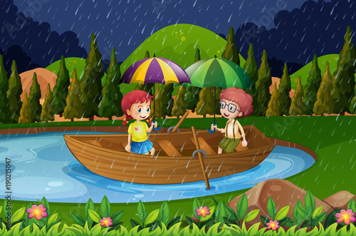 Rainy day with two kids in rowboat