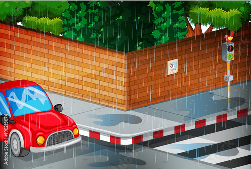 Scene with street in the rain