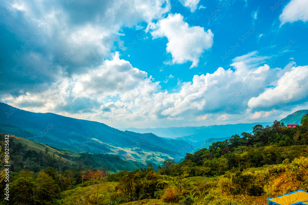 Naklejka premium high mountains peaks range clouds in fog scenery landscape national park view outdoor at Chiang Rai, Chiang Mai Province, Thailand