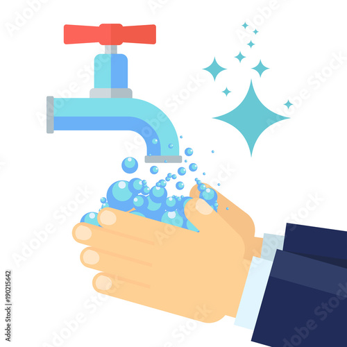 Washing hands. Hands of businessman in suit are washed with soap and water. Flat vector cartoon illustration. Objects isolated on white background.