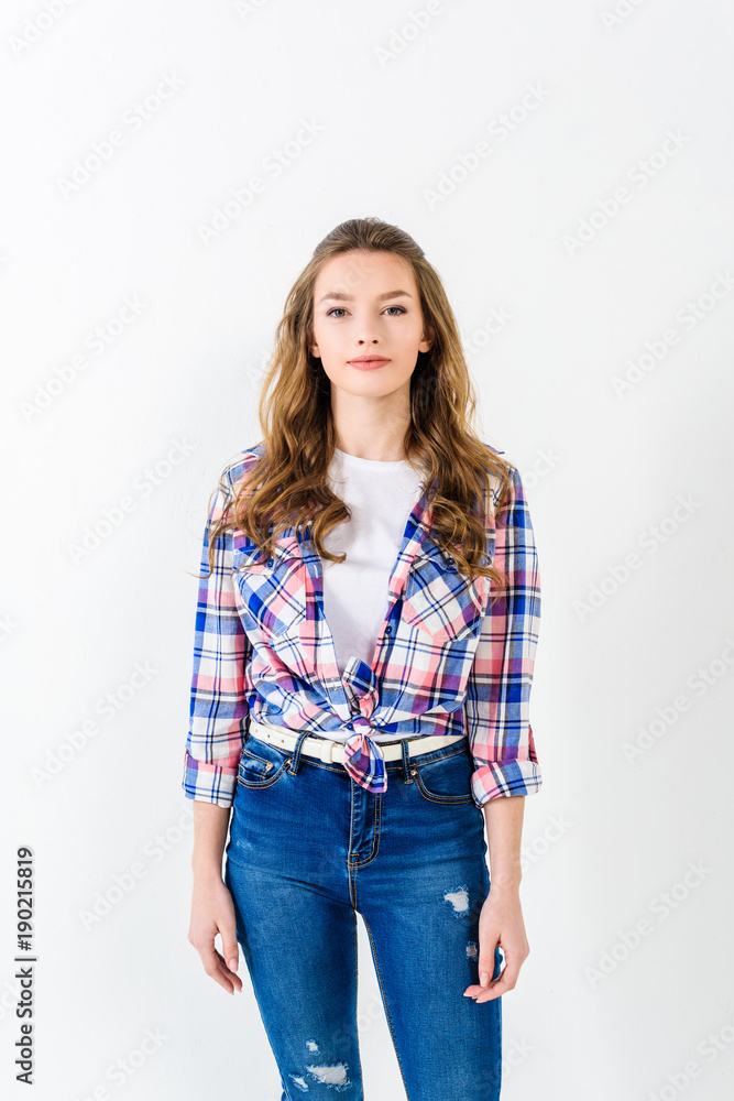 beautiful girl looking at camera isolated on white beautiful girl looking at camera isolated on white