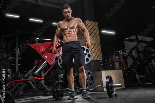 Handsome caucasian athlete muscular fitness male model execute exercise in the gym. Brutal bodybuilder powerful training on diet back and biceps © romanolebedev