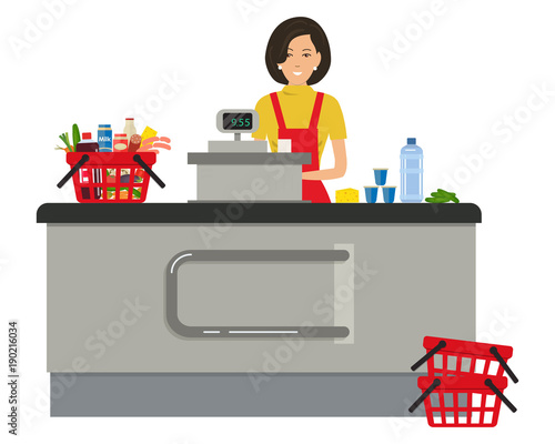 Web banner of a supermarket cashier. The young woman is standing near the cash register. There is also a red shopping cart with products in the picture. Vector illustration.