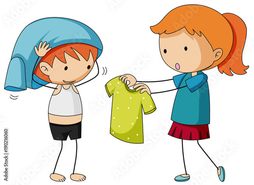 Sister helping brother getting dressed