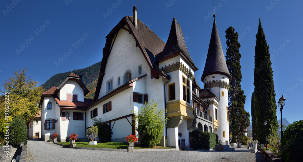 SWISS, YVORNE, 27 octobre 2017, Famous castle Chateau maison blanche in canton Vaud, Switzerland, SWISS, YVORNE, 27 octobre 2017 SWISS, YVORNE, 27 octobre 2017, Famous castle Chateau maison blanche in canton Vaud, Switzerland, SWISS, YVORNE, 27 octobre 2017