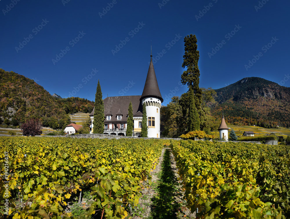 SWISS, YVORNE, 27 octobre 2017, Famous castle Chateau maison blanche  in canton Vaud, Switzerland, SWISS, YVORNE, 27 octobre 2017