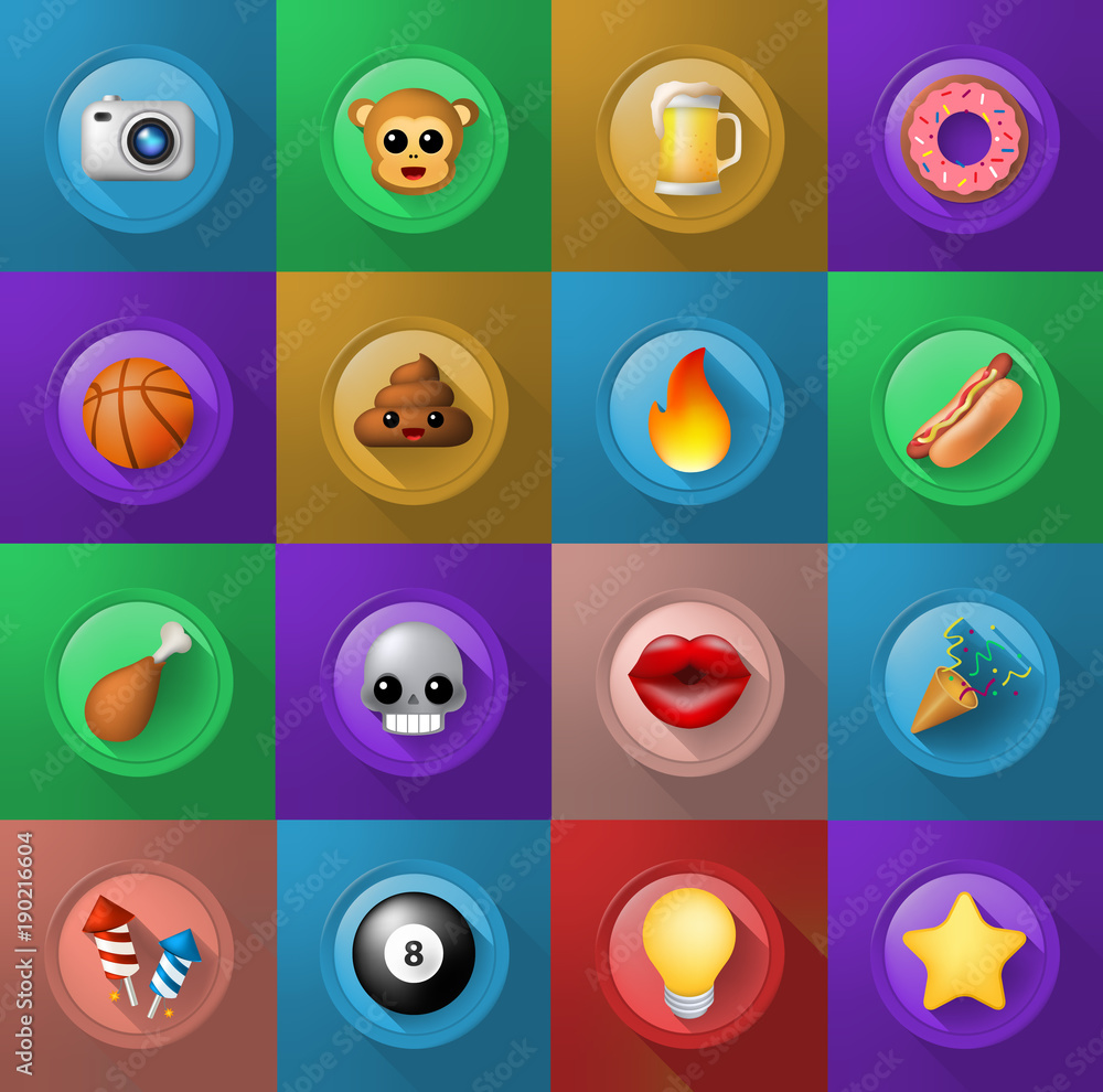 Set of Icons on Buttons on Color Background . Fully Scalable Vector Elements