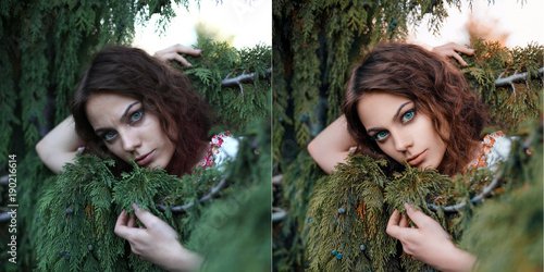 Summer girl portrait before and after retouch. photo