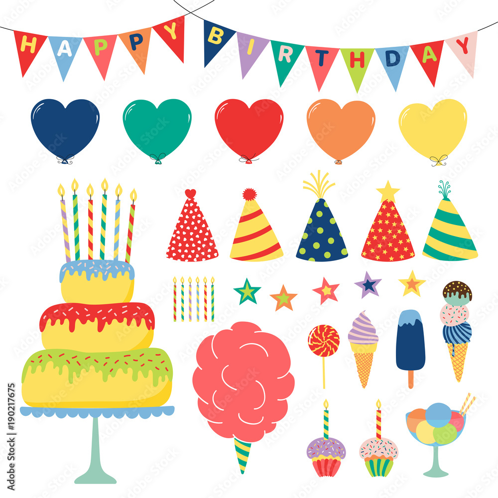 Collection of hand drawn birthday party design elements with cake, balloons, hats, bunting, ice cream, typography. Isolated objects on white background. Vector illustration. Design concept for kids. Collection of hand drawn birthday party design elements with cake, balloons, hats, bunting, ice cream, typography. Isolated objects on white background. Vector illustration. Design concept for kids.