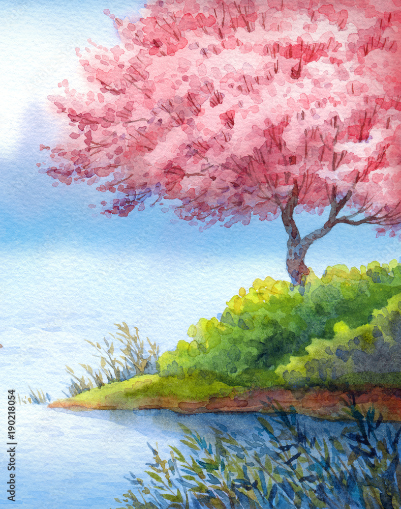 Obraz premium Spring watercolor landscape. Flowering trees over lake