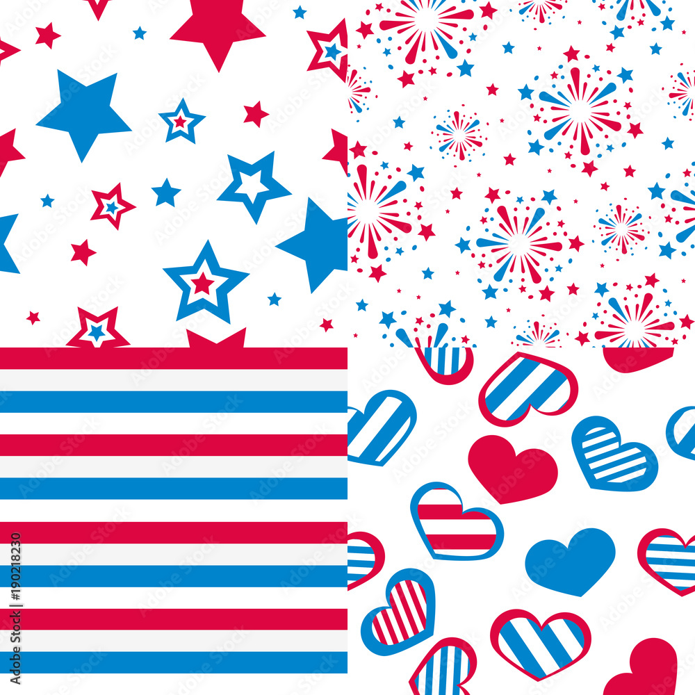 Obraz premium set of vector seamless patterns, stars, fireworks, hearts
