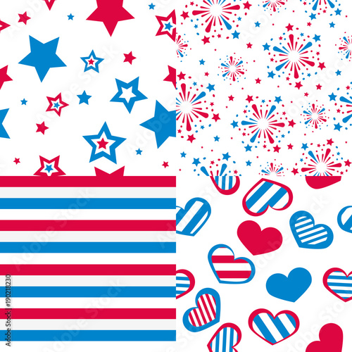 set of vector seamless patterns, stars, fireworks, hearts