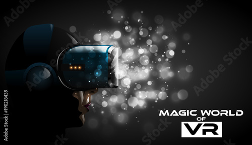 Vector young pretty woman wearing virtual reality headset 3d glasses. Game anime movie style character for vr cover label. Dramatic white bokeh lights background. Futuristic cyber passion impression.
