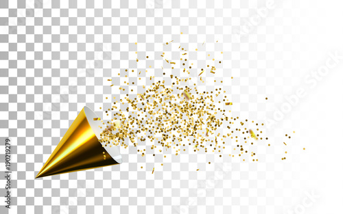 Golden party popper with exploding star confetti glitters.