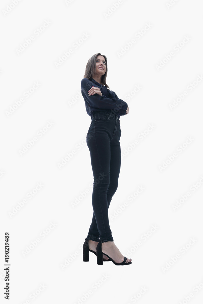 Fototapeta premium View from below young business woman standing.