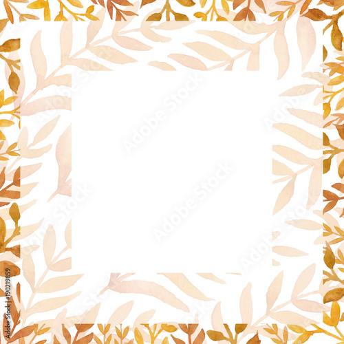 Beautiful abstract red leaves painted with watercolor make up a square decorative frame with white background