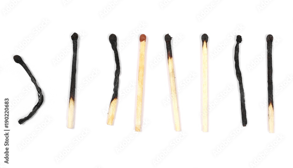 Set, collection of burnt matches isolated on white background, top view Set, collection of burnt matches isolated on white background, top view