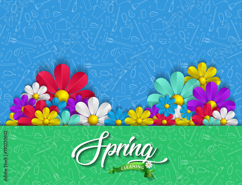 Spring cleaning with set of cleaning supplies and tools pattern. Spring cleaning background. Grand ménage de printemps.
