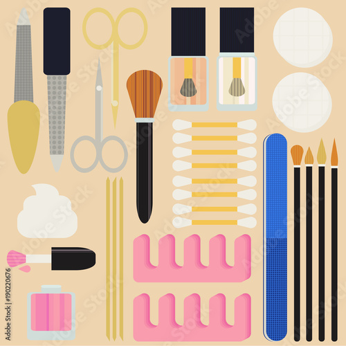 A collection set vector of manicure accessories - nail files, manicure tools, nail scissors, tweezers, nail polish, sticks. hand cream, nail polish remover, brush. 