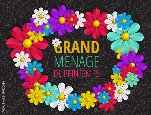 Spring cleaning with set of cleaning supplies and tools pattern. Spring cleaning background. Grand ménage de printemps.