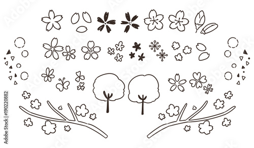 Fototapeta Naklejka Na Ścianę i Meble -  かわいい桜の手描き風アイコンセット（線画・透過）