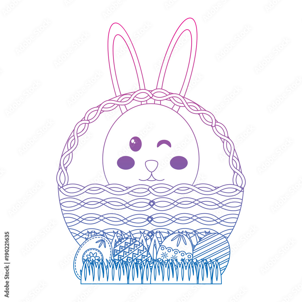 easter face rabbit in basket and decorative eggs vector illustration color line gradient