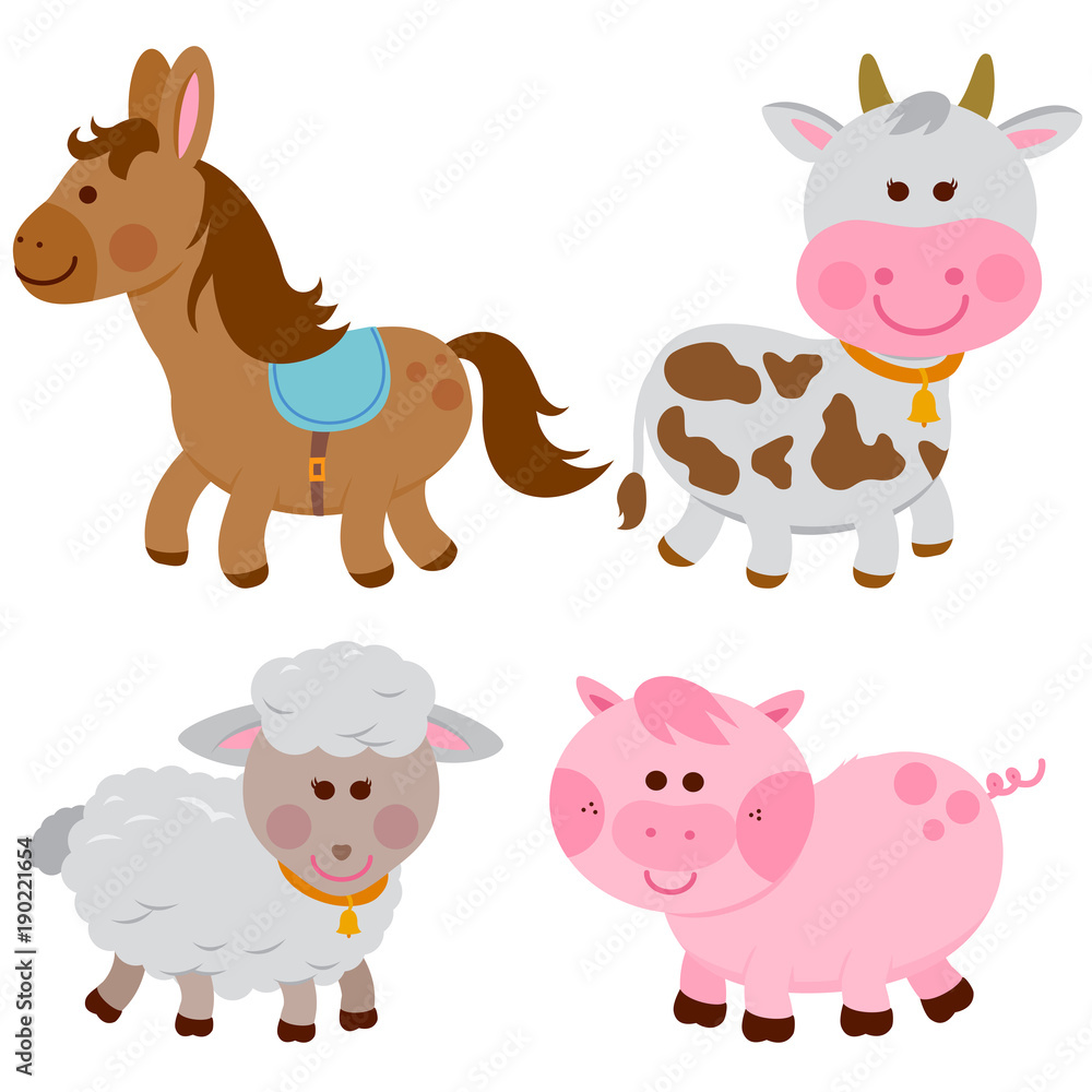 Farm animals. A horse, a cow, a sheep and a pig. Vector illustration